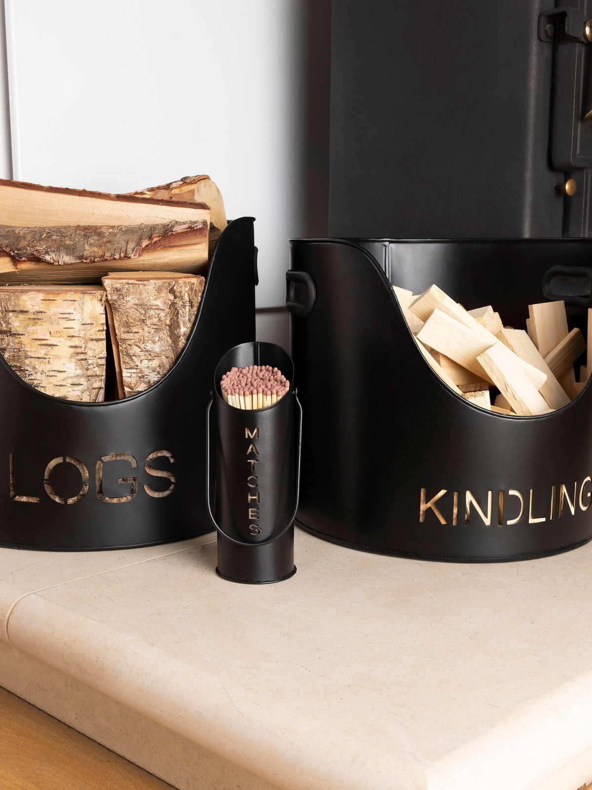 Snug Black Hickory Fireside Set with log and kindling buckets (British brand)