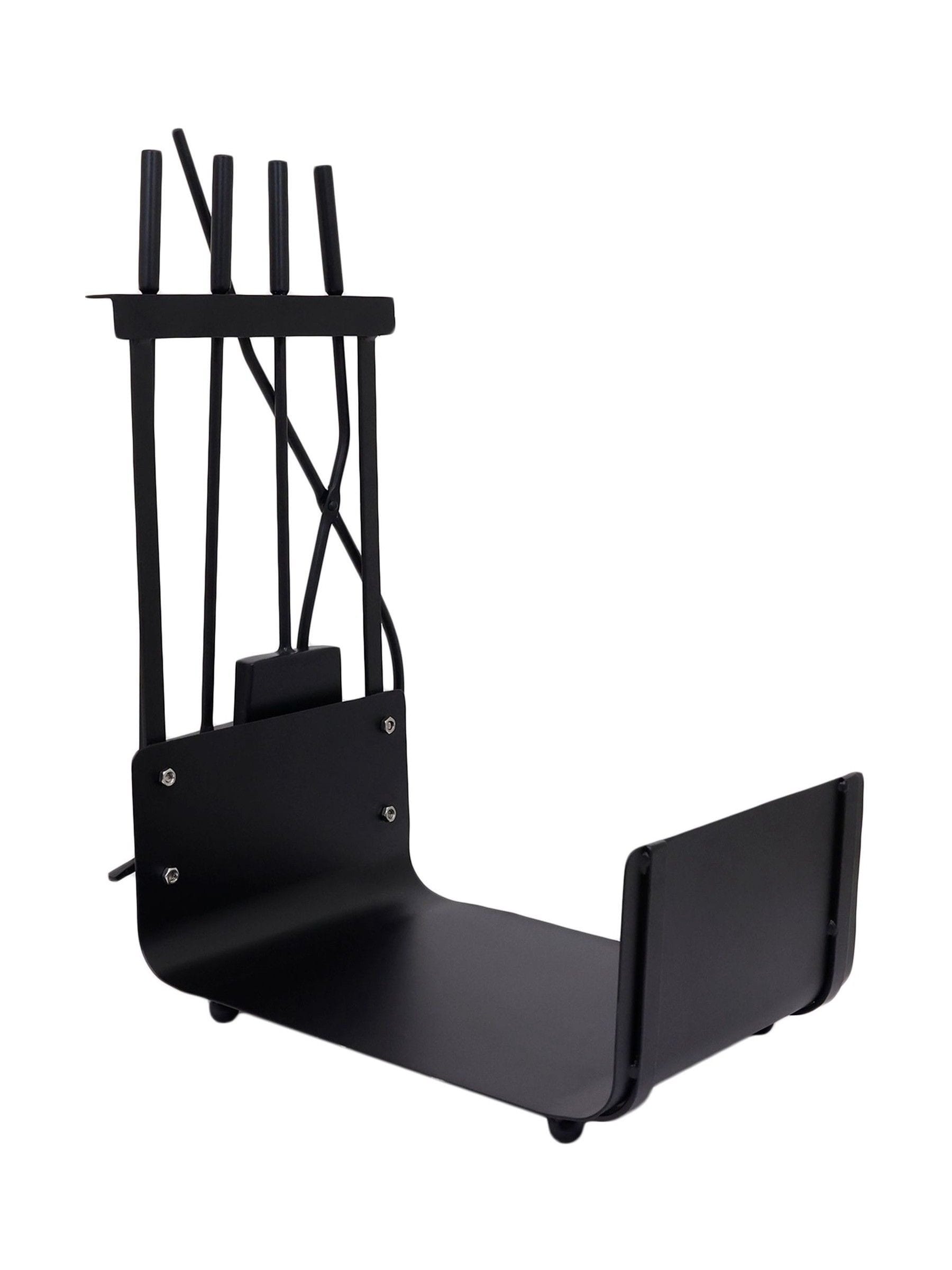 Snug black hazel log holder and fireside companion set (British brand)