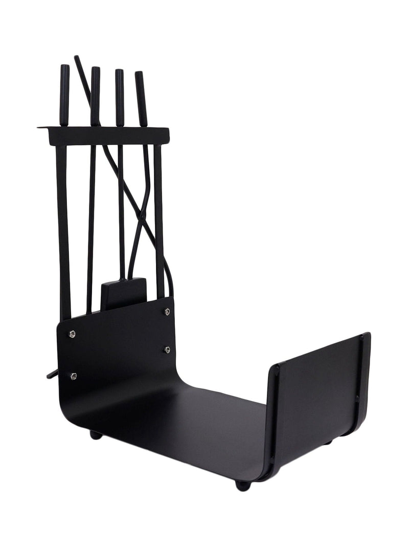 Snug black hazel log holder and fireside companion set (British brand)