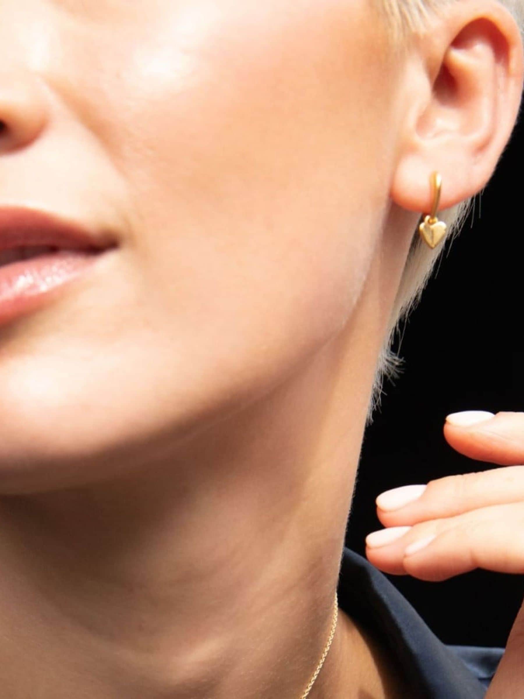 Dinny Hall gold heart drop hoop earrings, UK version