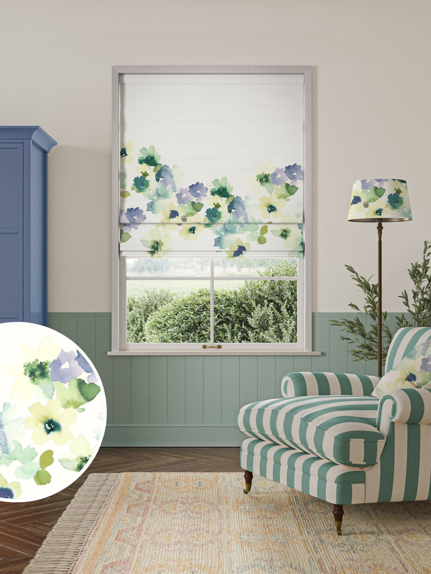 Bluebellgray Bay Sanna roman blind floral pattern, imported from the UK