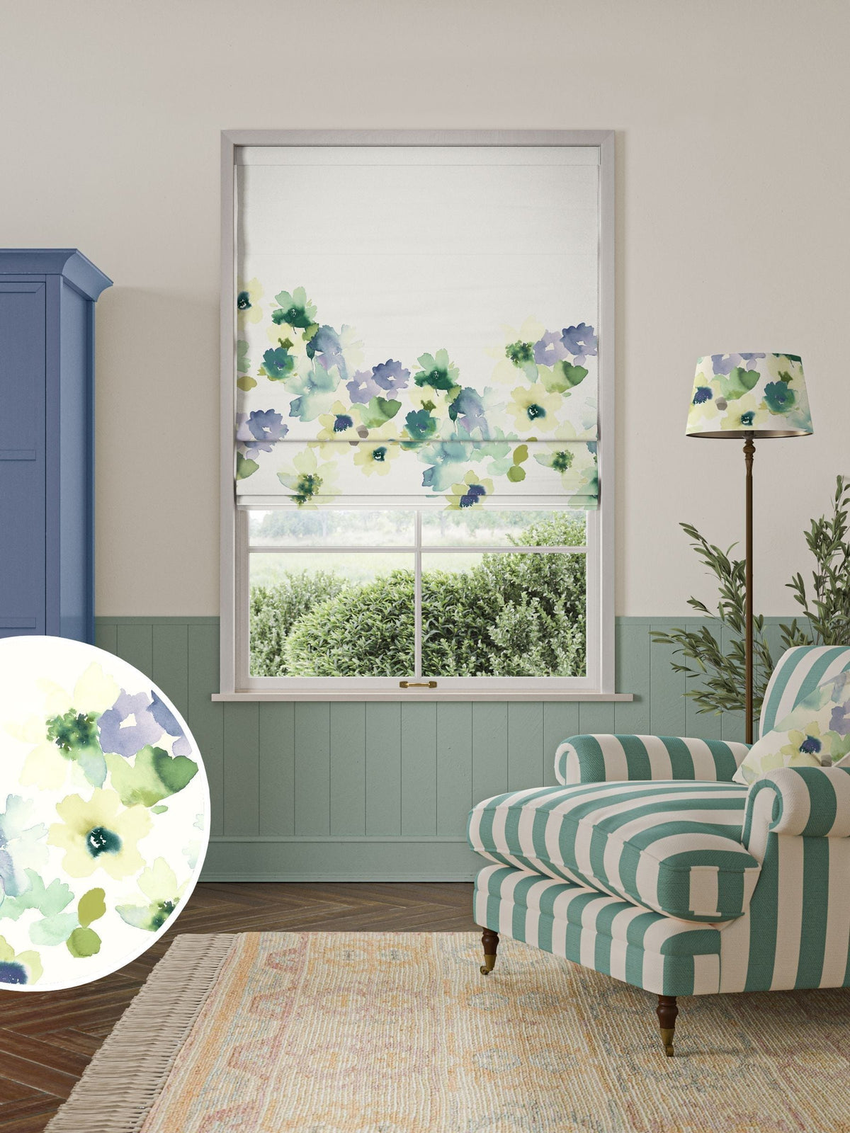 Bluebellgray Bay Sanna roman blind floral pattern, imported from the UK