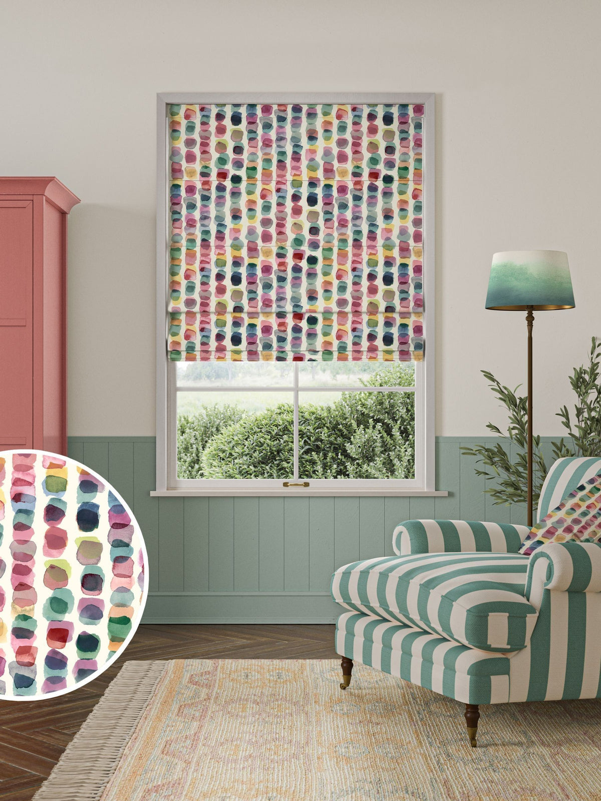 Bluebellgray Roman blind Tobermory red geometric print, UK version
