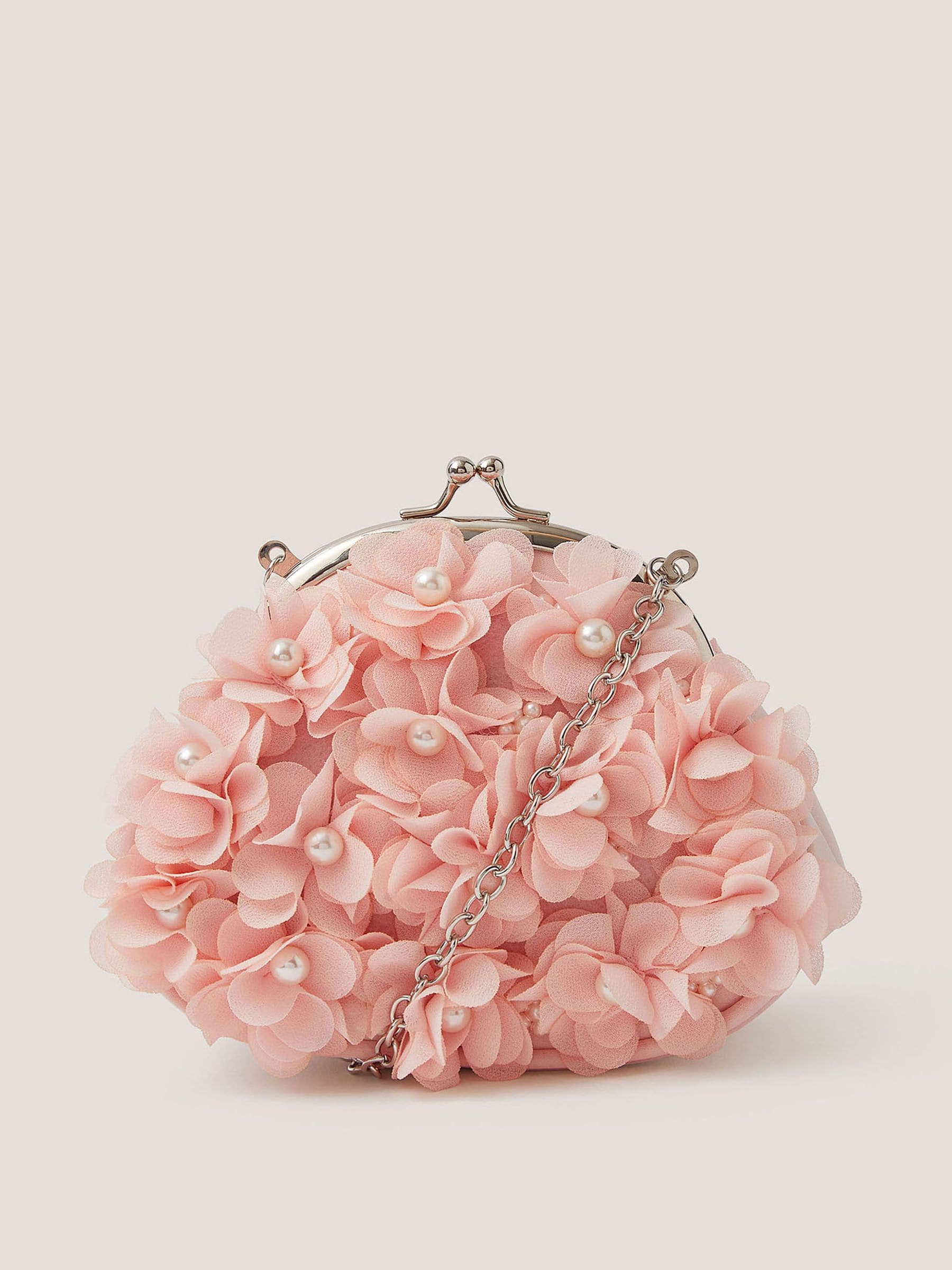 Monsoon pink floral appliqué bag with pearl beads, imported from the UK