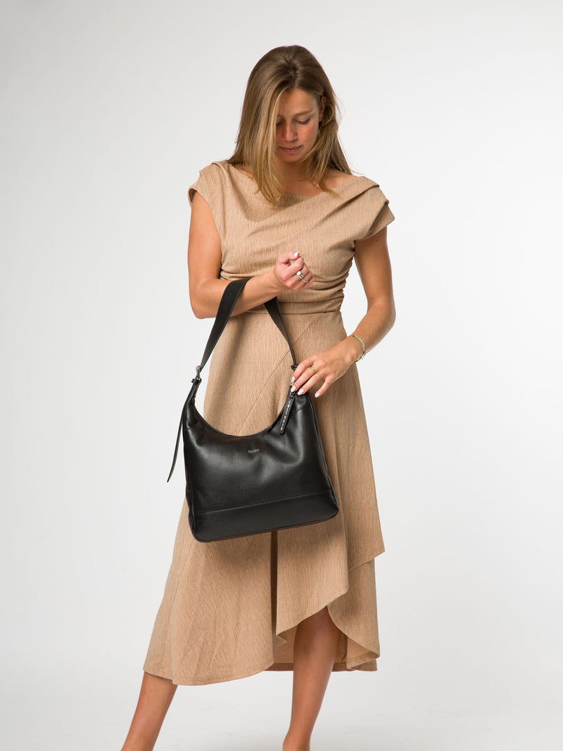Cultured London black leather shoulder bag with silver fittings - British product