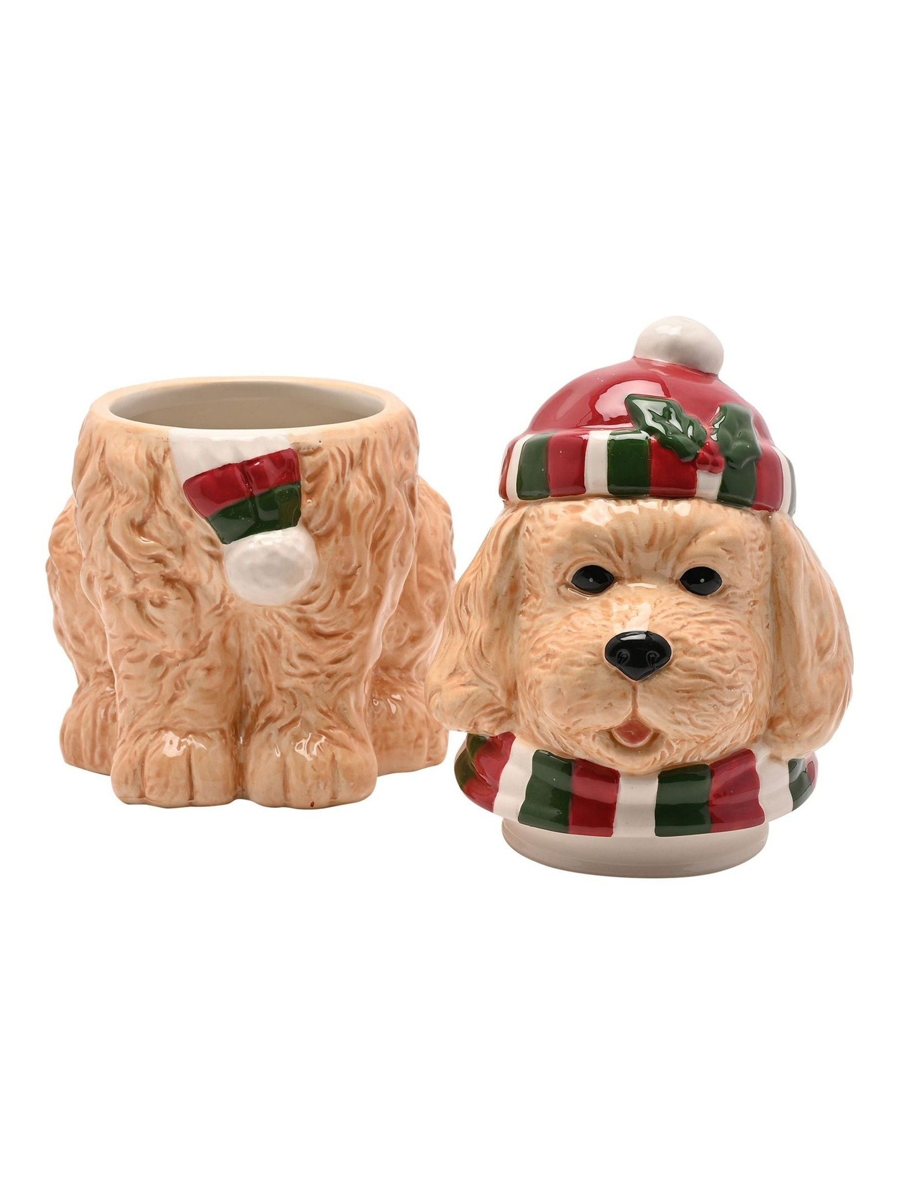 Widdop Cockapoo ceramic treat jar with festive hat and scarf (British brand)