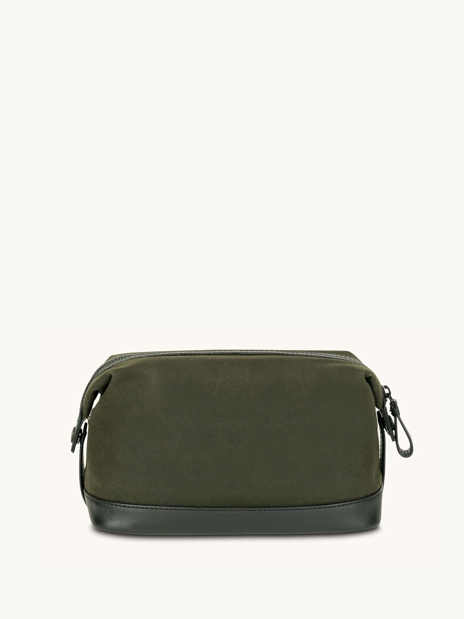 Apatchy Green waxed canvas and leather wash bag, imported from the UK