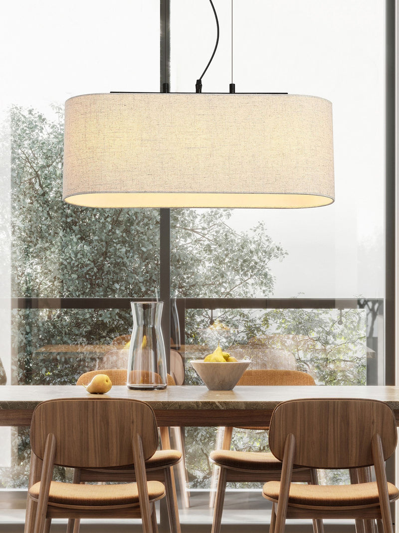 Searchlight black pendant light with oatmeal linen shade, imported from the UK