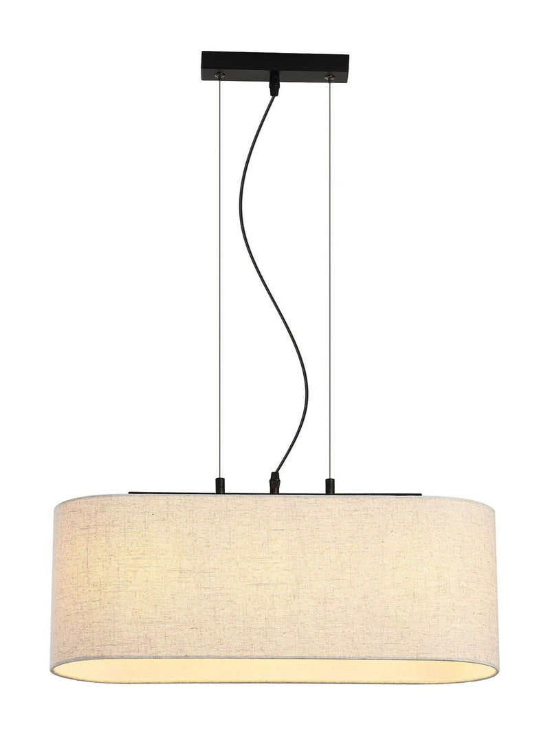 Searchlight black pendant light with oatmeal linen shade, imported from the UK