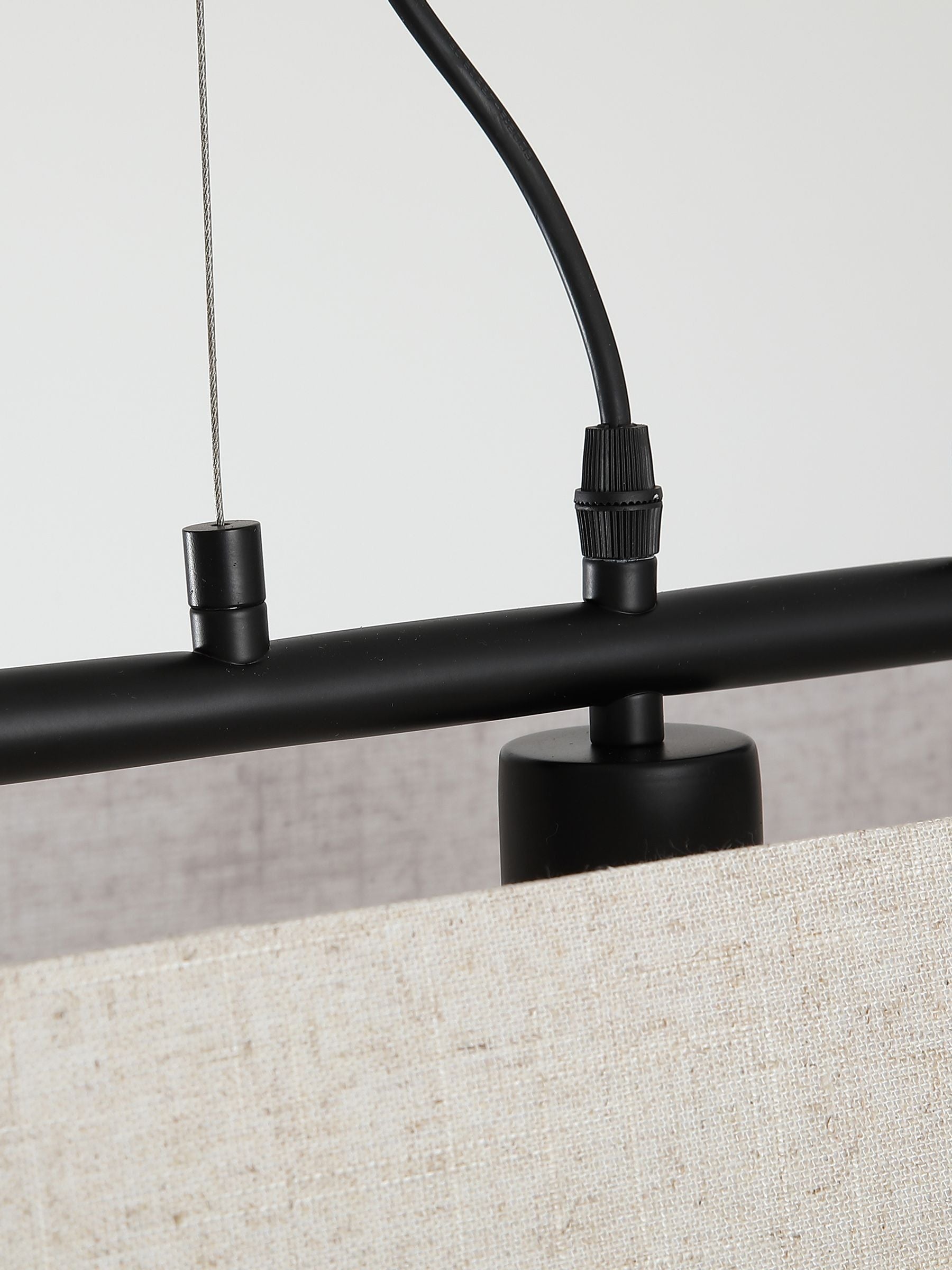 Searchlight black pendant light with oatmeal linen shade, imported from the UK