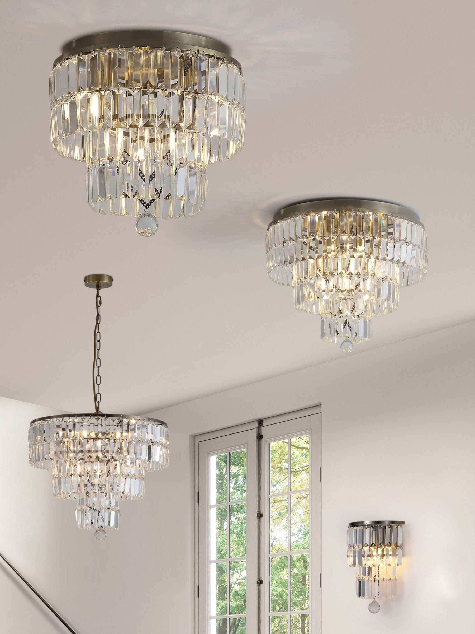 Searchlight antique brass crystal flush ceiling light (British brand)