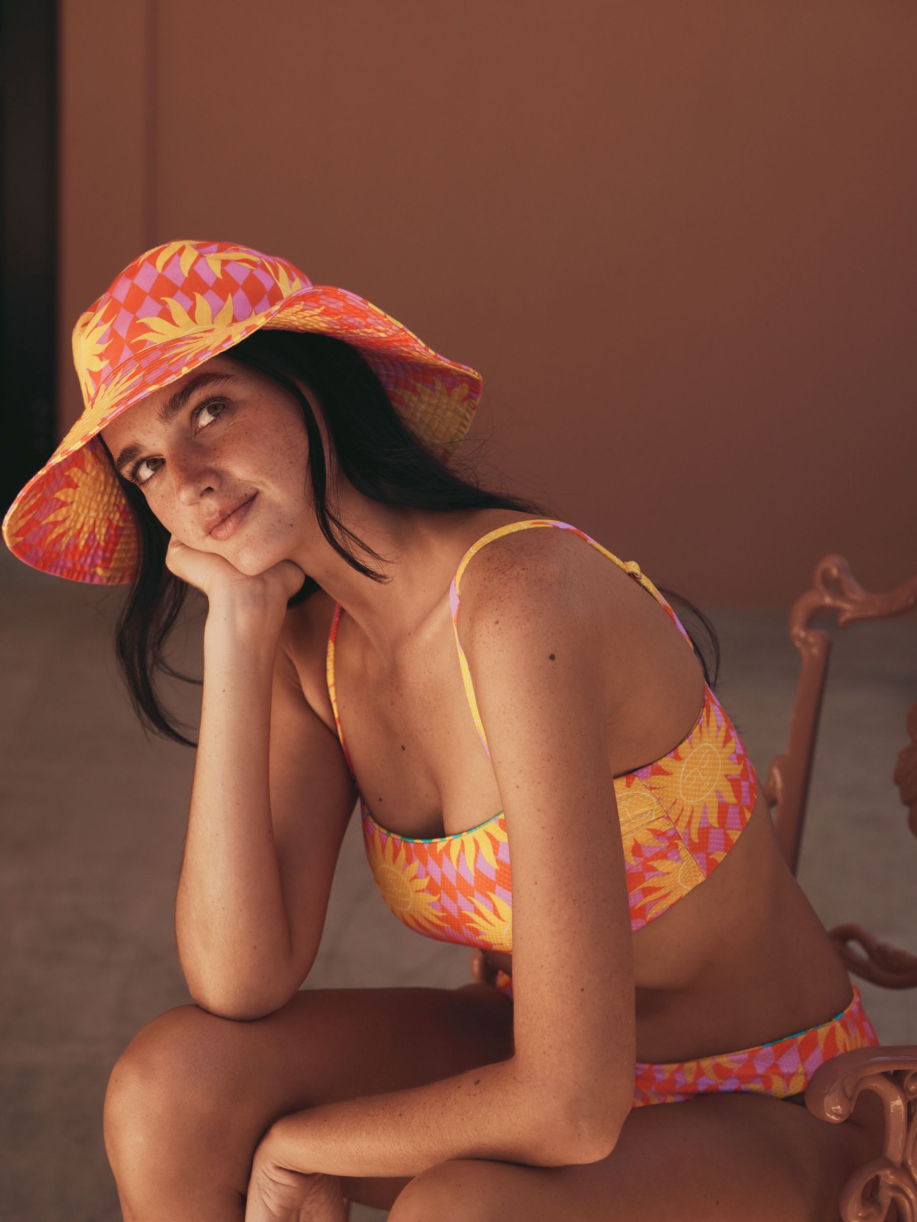 Eleanor Bowmer bucket hat in pink and yellow (British brand)