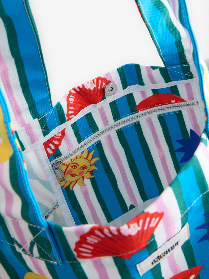 Eleanor Bowmer blue green stripe tote bag 100% recycled polyester, imported from the UK