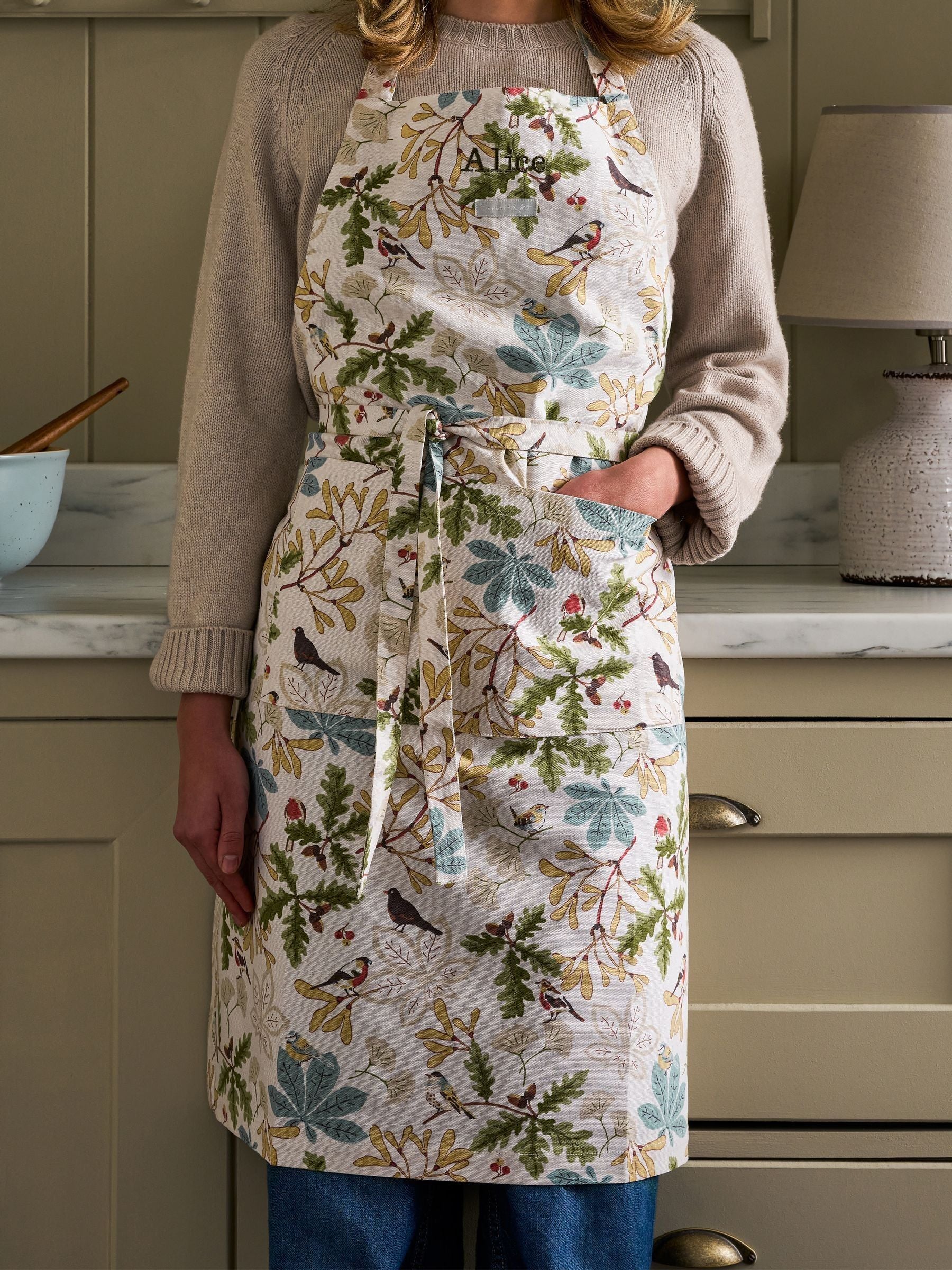 Sophie Allport cream orchard birds apron, imported from the UK