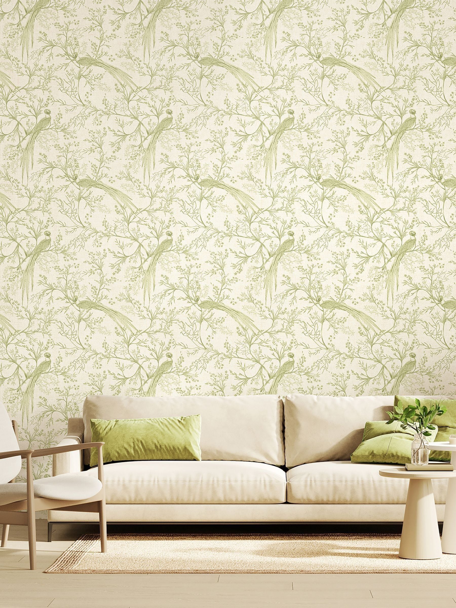 Hoopla Walls Sage Bird Toile Stone 10M Wallpaper