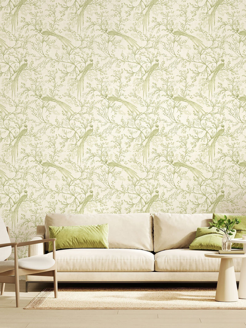 Hoopla Walls Sage Bird Toile Stone 10M Wallpaper