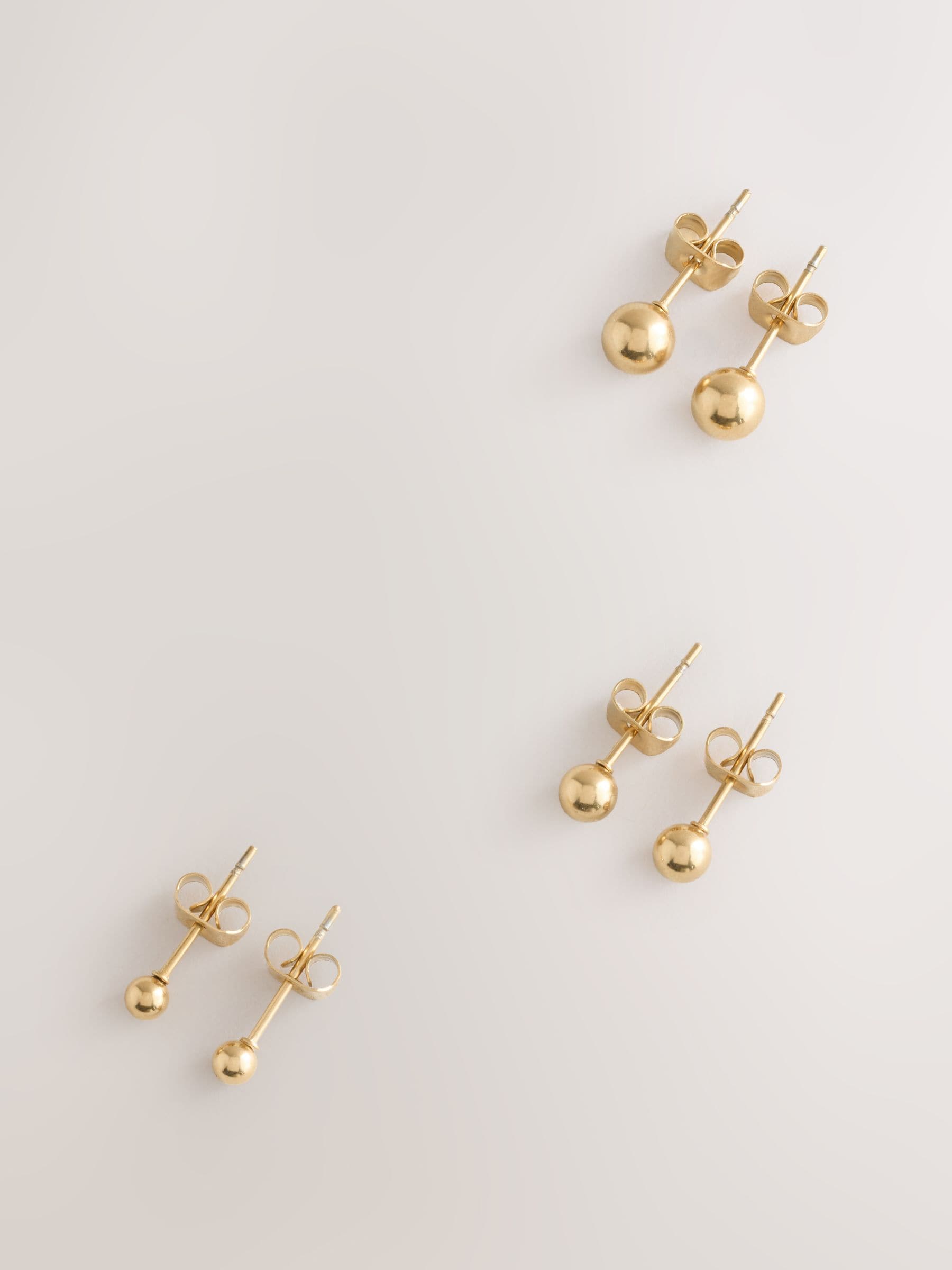Gold tone waterproof stainless steel ball stud earrings 3 pack (British brand)