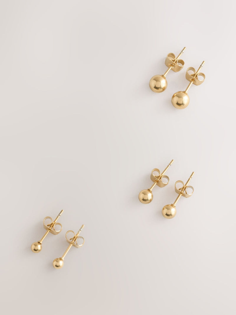 Gold tone waterproof stainless steel ball stud earrings 3 pack (British brand)