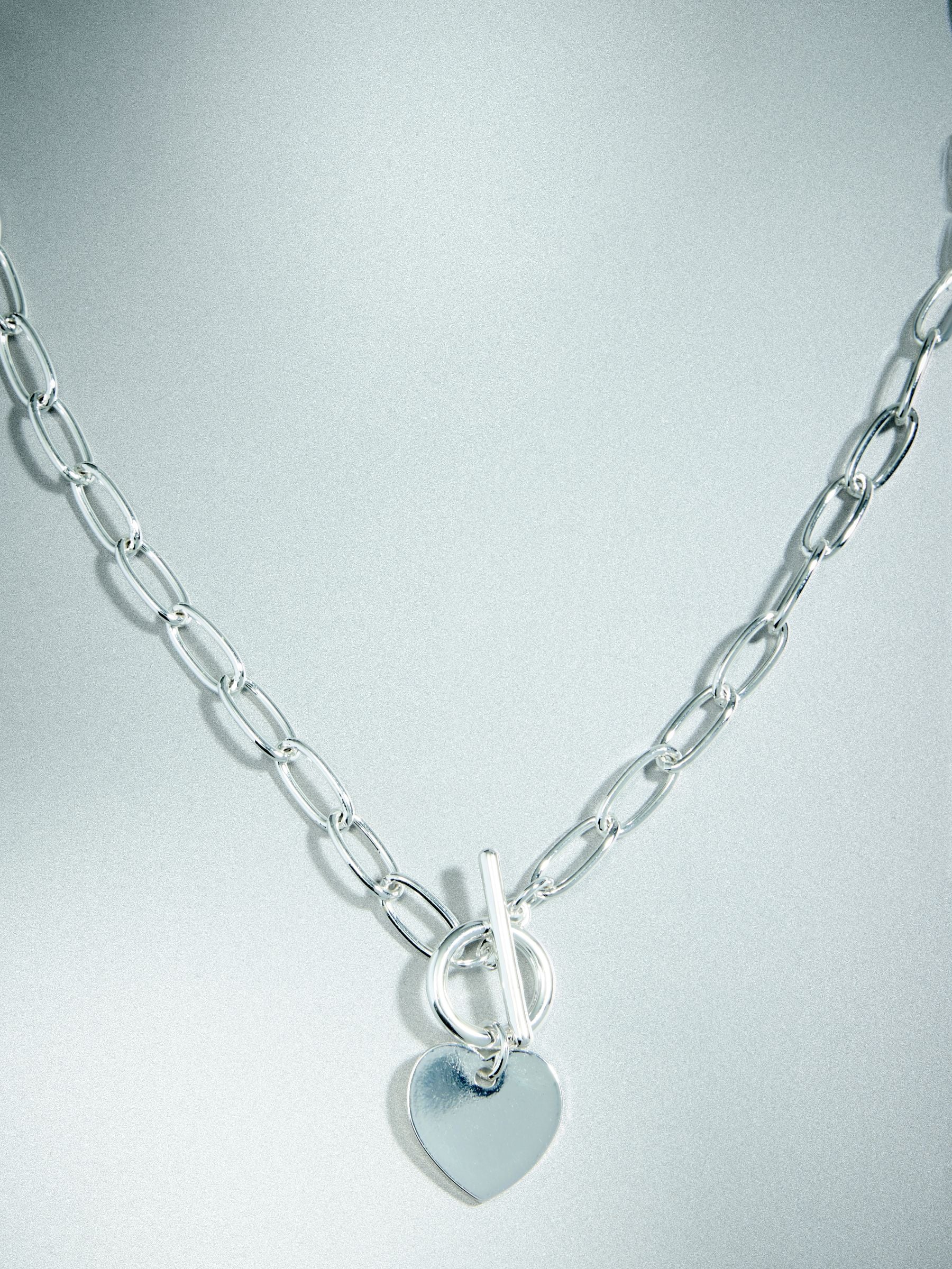 Heart T-Bar Chain Necklace Sterling Silver Plated, UK version