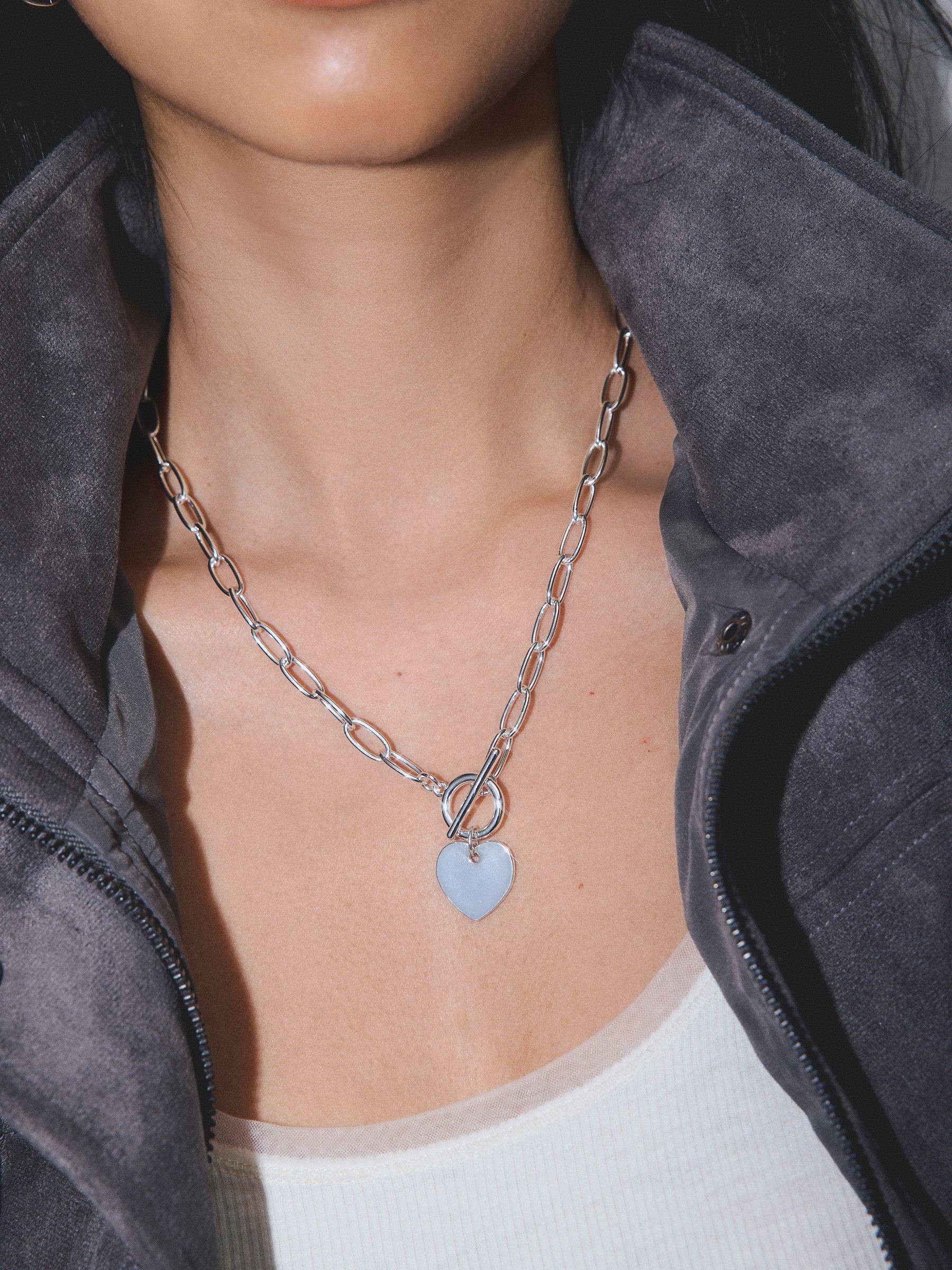 Heart T-Bar Chain Necklace Sterling Silver Plated, UK version