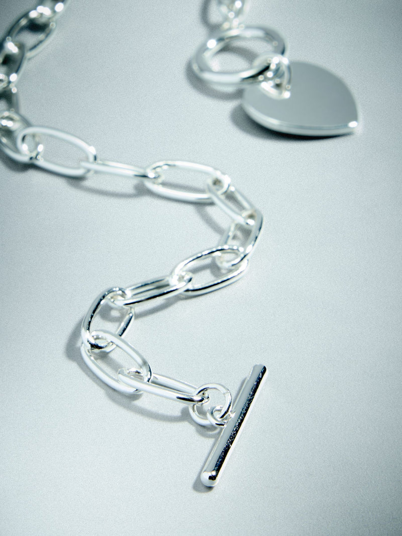Heart T-Bar Chain Necklace Sterling Silver Plated, UK version