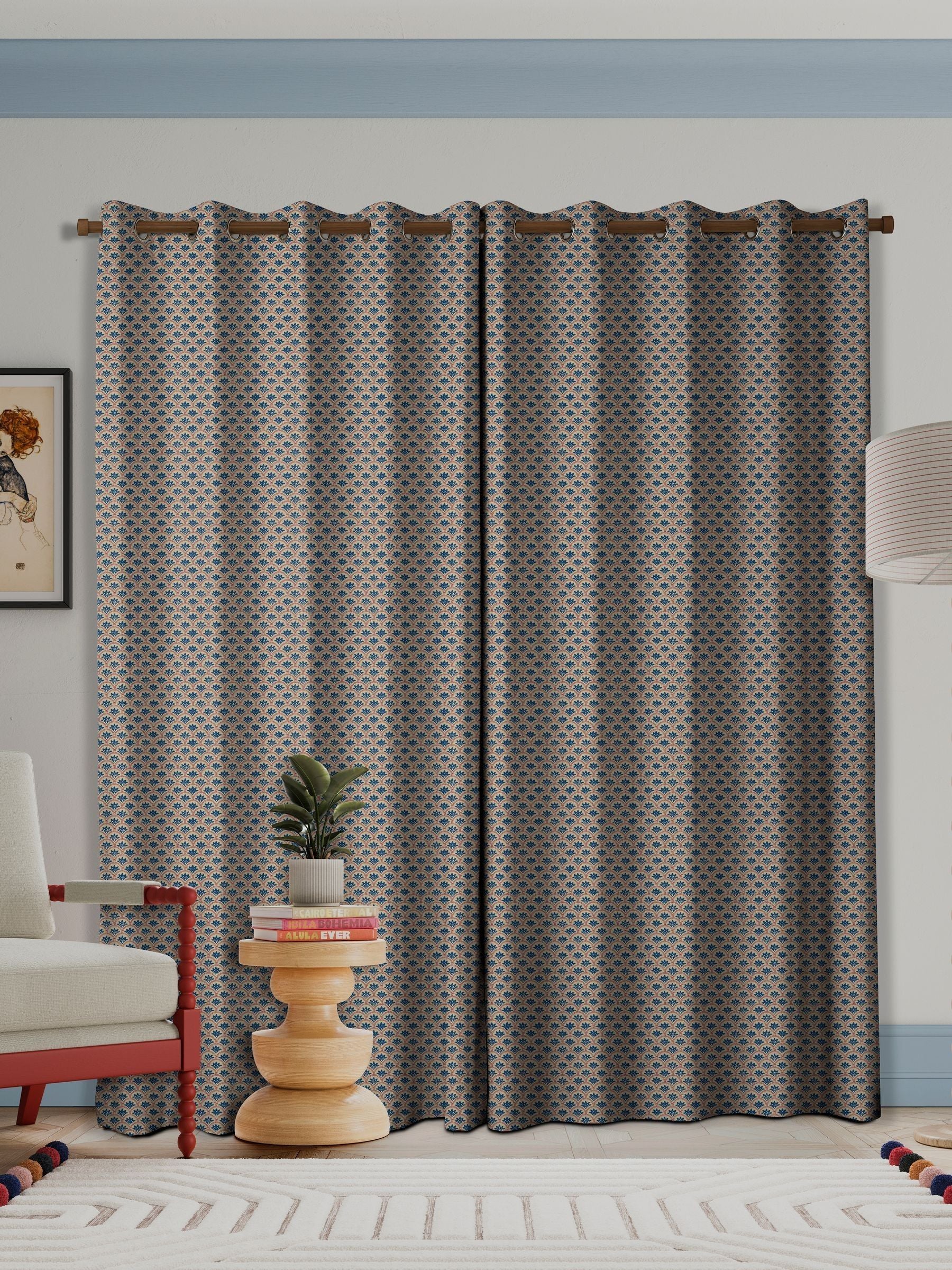 Land & Shore blue red block print curtain - British product