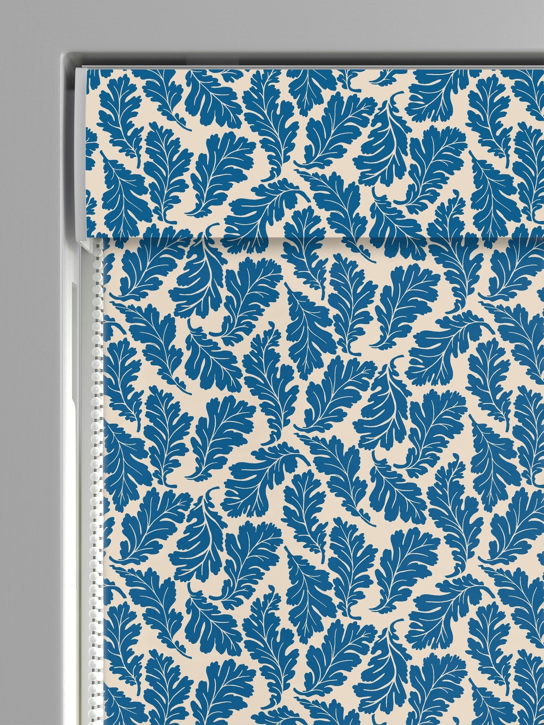 Land & Shore blue oak leaf roman blind, imported from the UK
