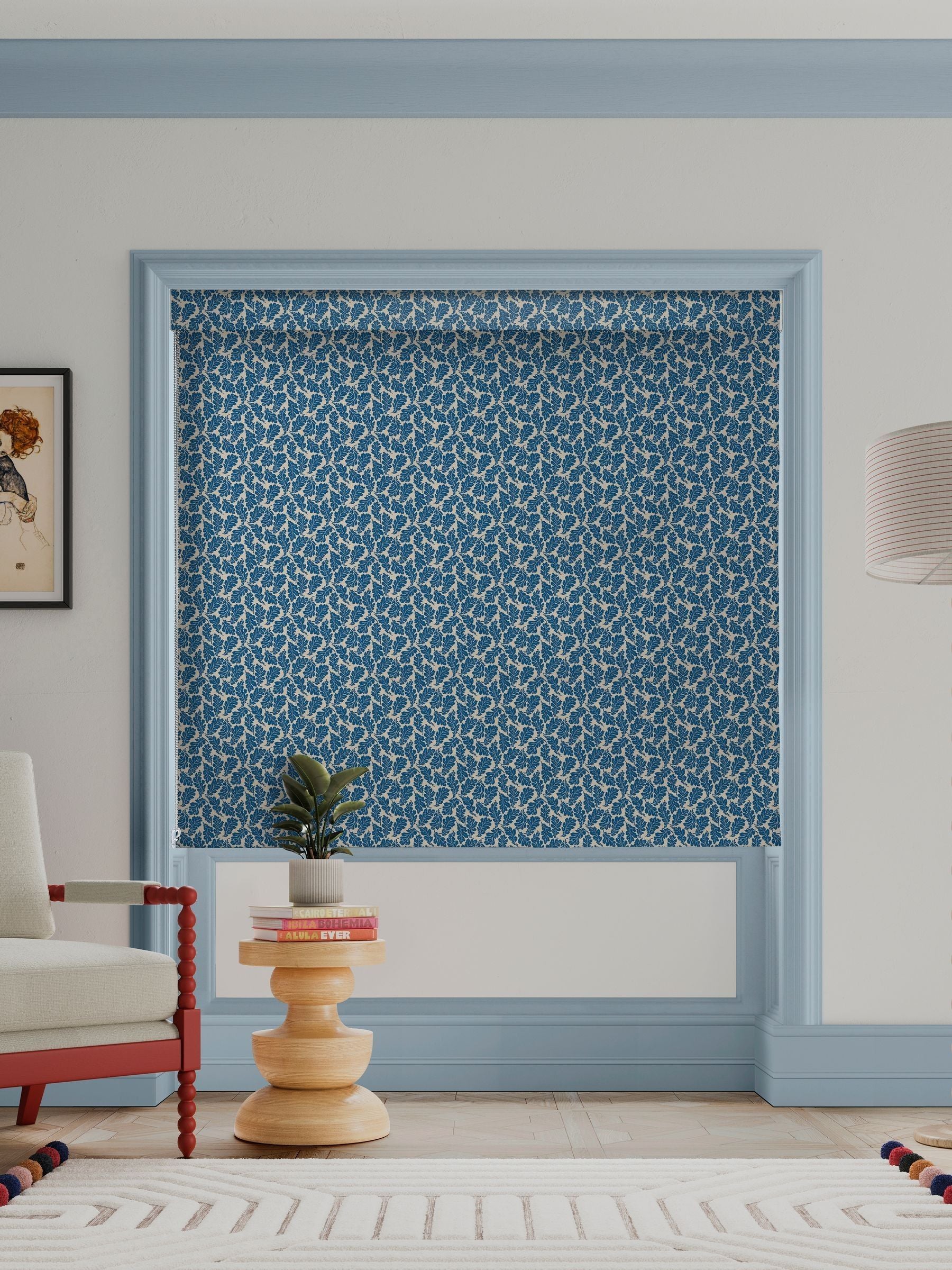 Land & Shore blue oak leaf roman blind, imported from the UK