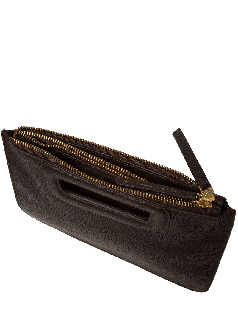Pure Luxuries London brown leather Guinevere clutch bag (British brand)