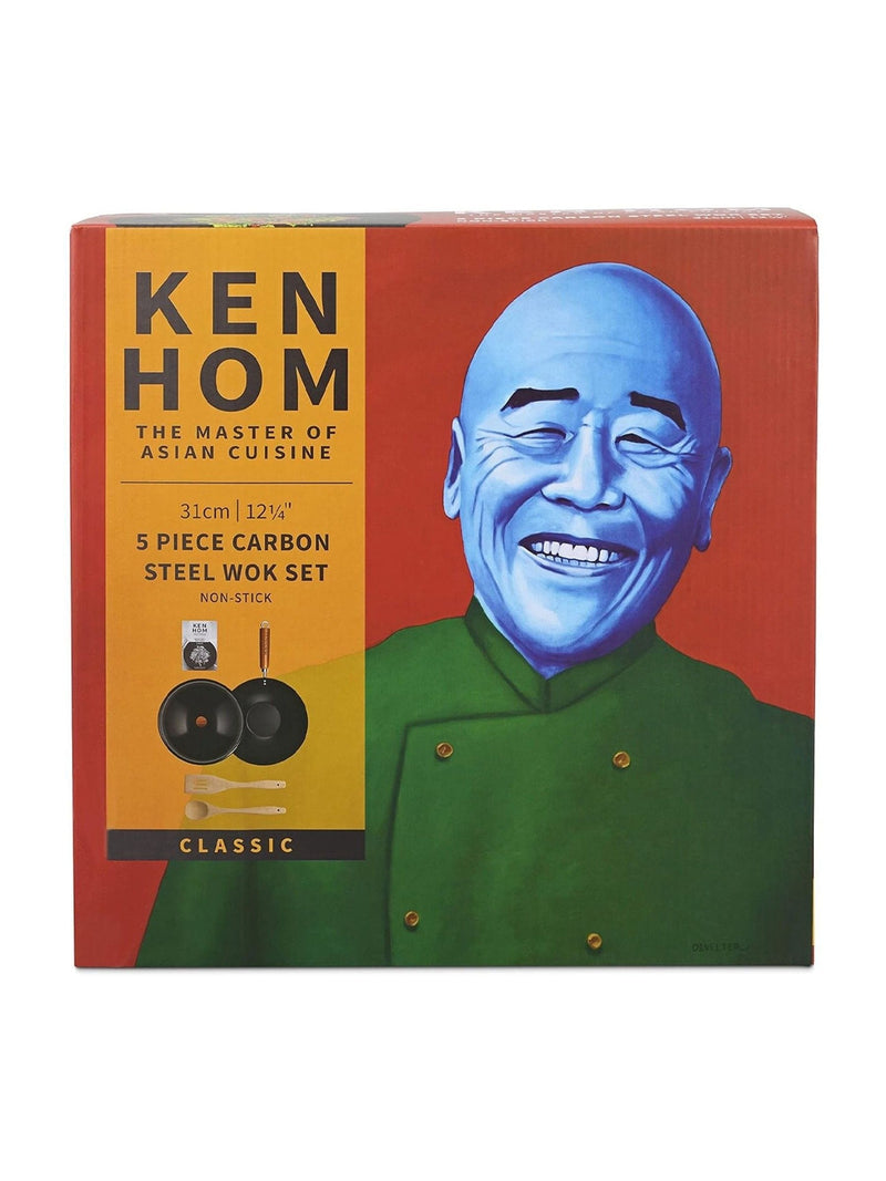 Ken Hom black steel non-stick wok set 31cm, imported from the UK