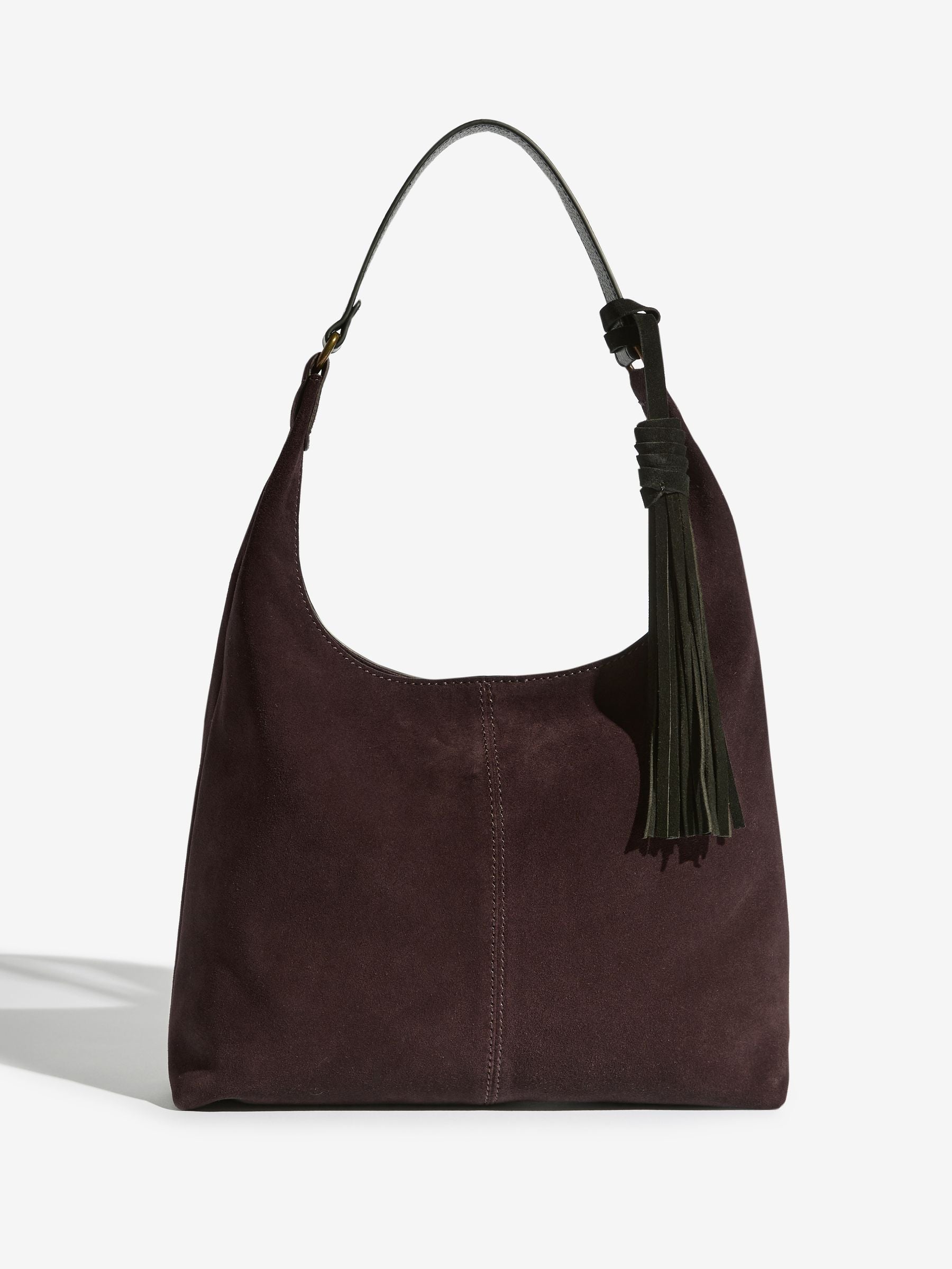 Friends Like These chocolate brown suede mini shoulder bag, imported from the UK