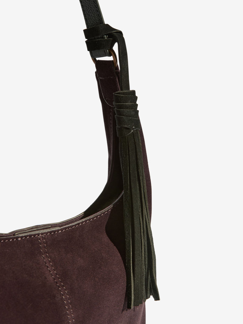 Friends Like These chocolate brown suede mini shoulder bag, imported from the UK