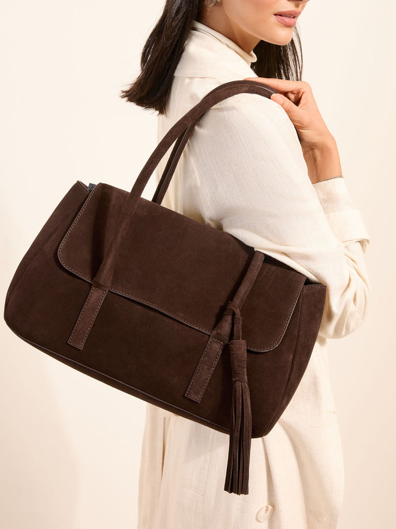 Friends Like These chocolate brown suede tassel shoulder bag (British brand)