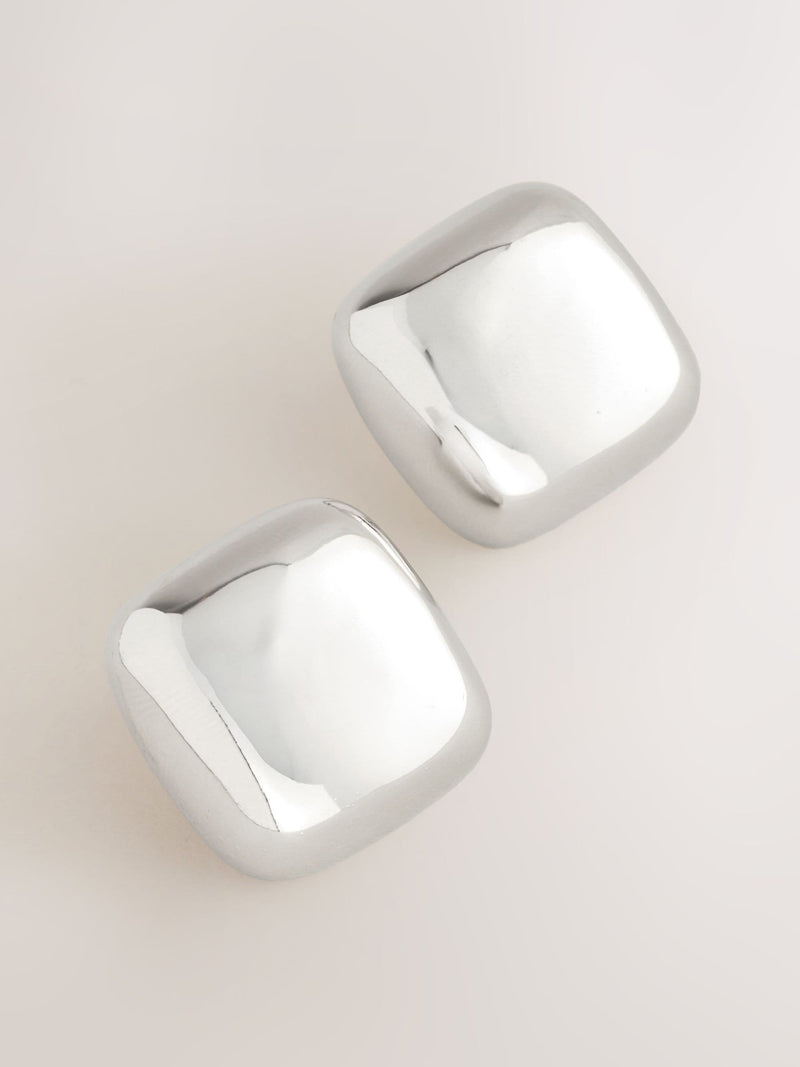 Silver tone square stud earrings in recycled zinc from a British brand