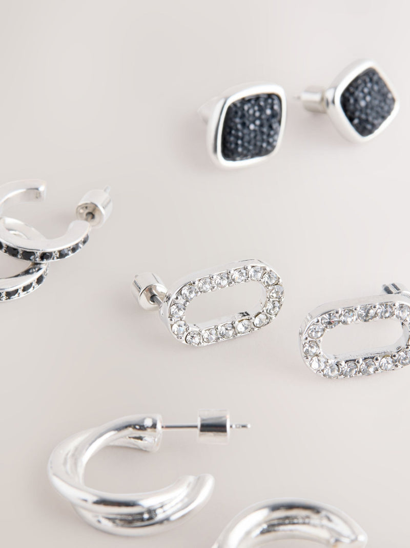 Silver and black stud hoop earrings 6 pack, imported from the UK