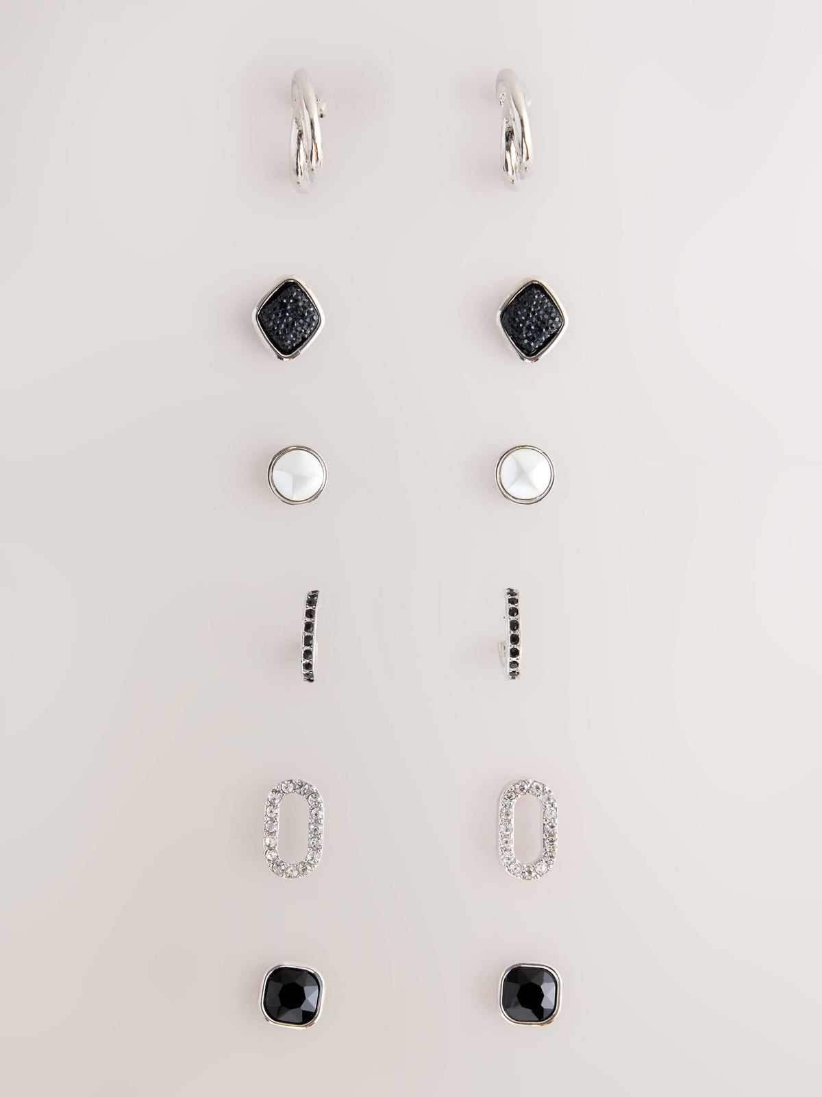 Silver and black stud hoop earrings 6 pack, imported from the UK