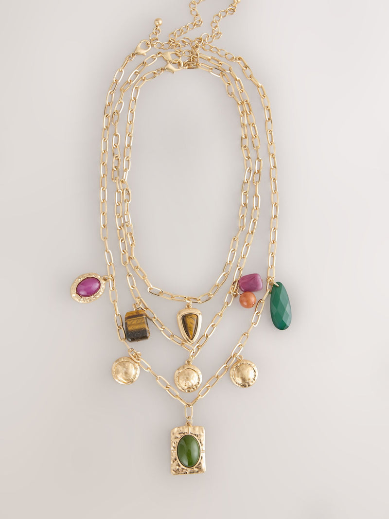 Gold tone three-layer charm chain necklace, UK version