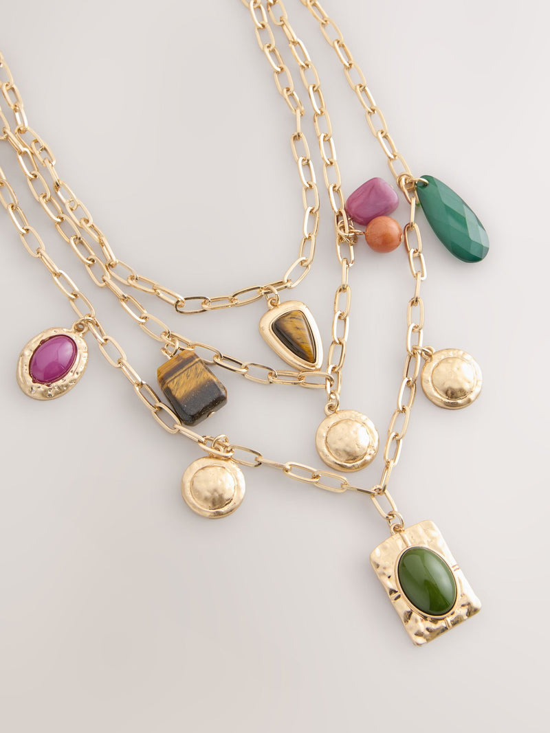 Gold tone three-layer charm chain necklace, UK version