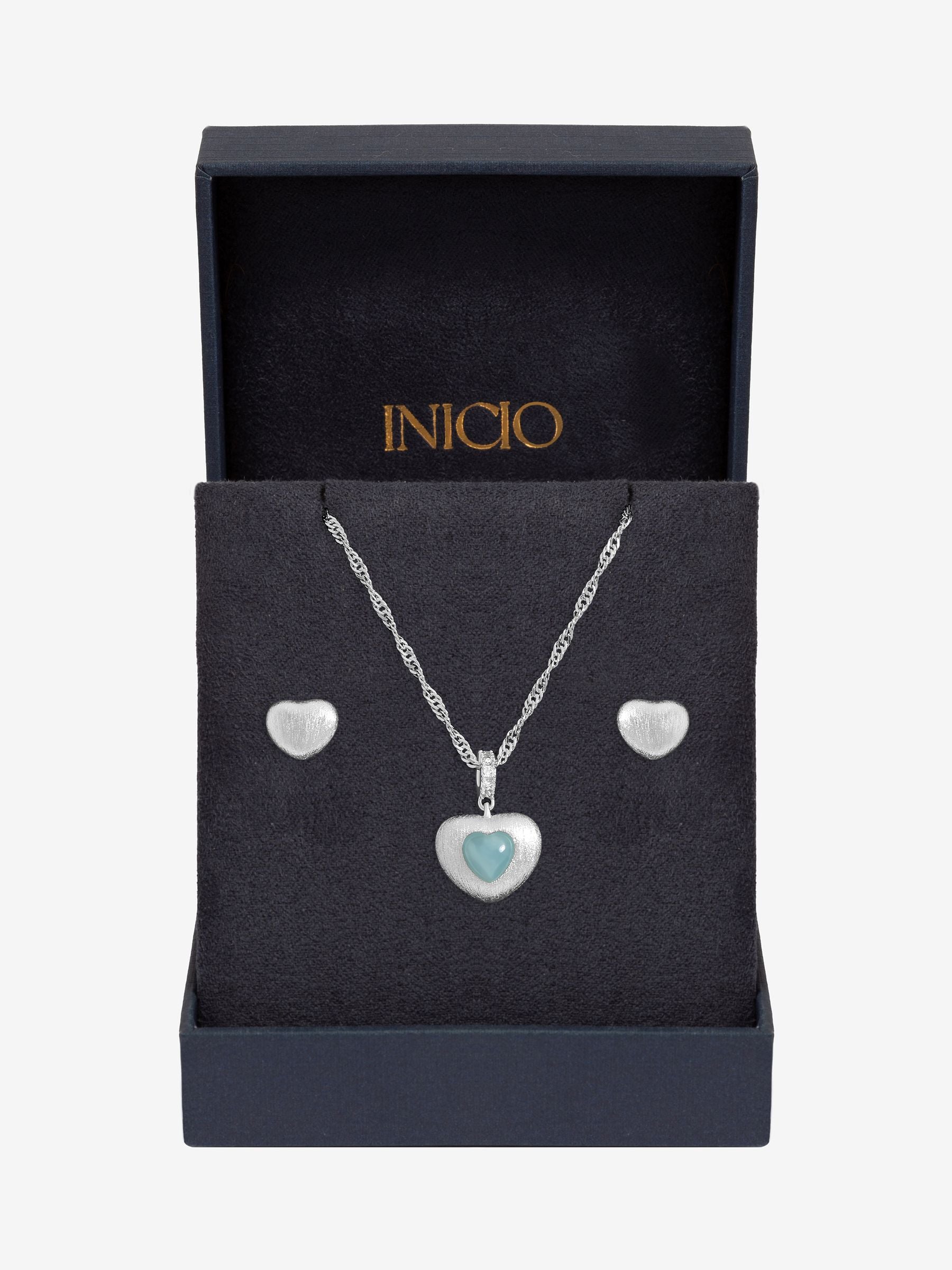 Inicio silver satin heart set necklace and earrings (British brand)