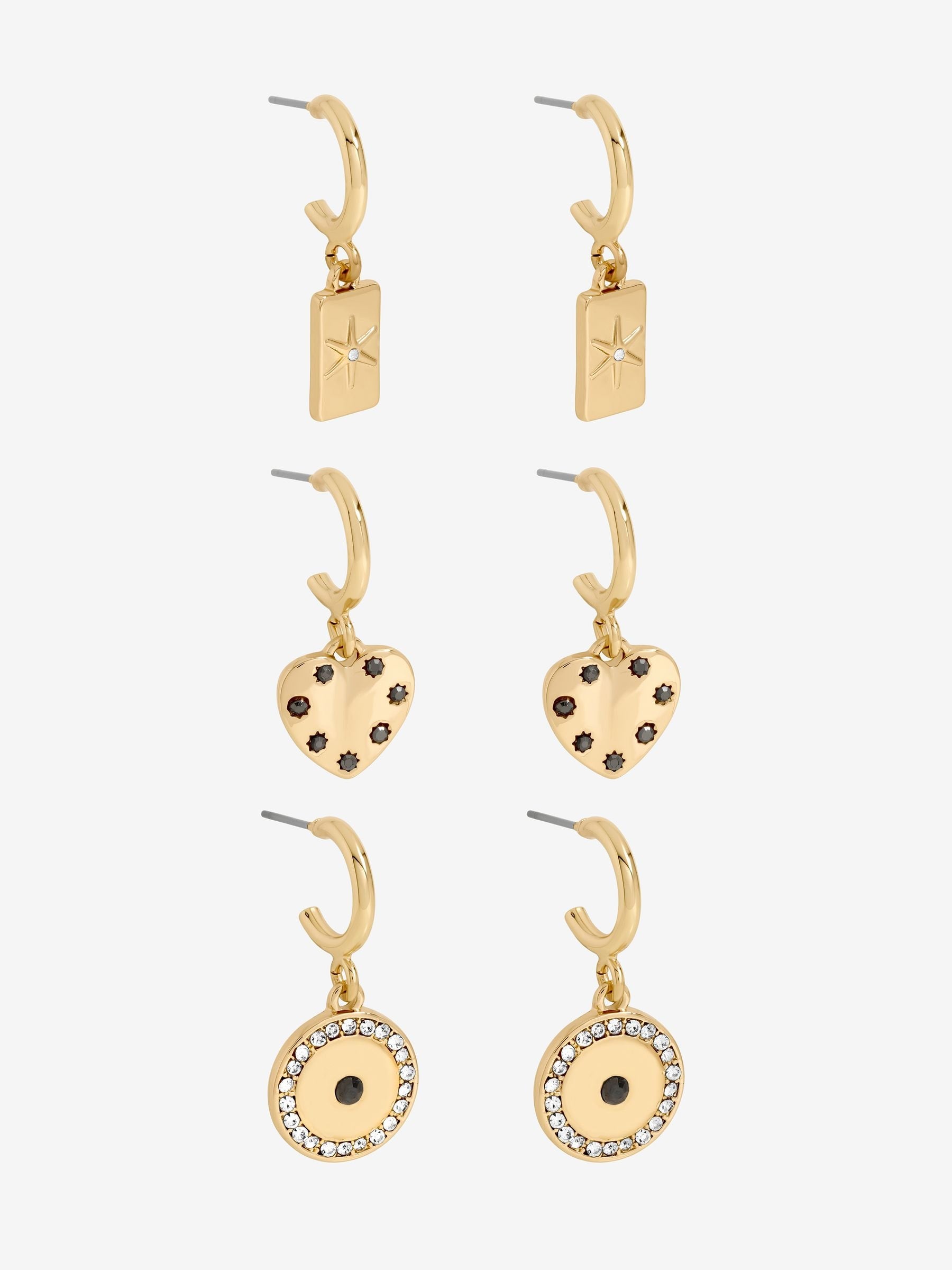 Mood gold tone heart charm earrings pack of 3, UK version