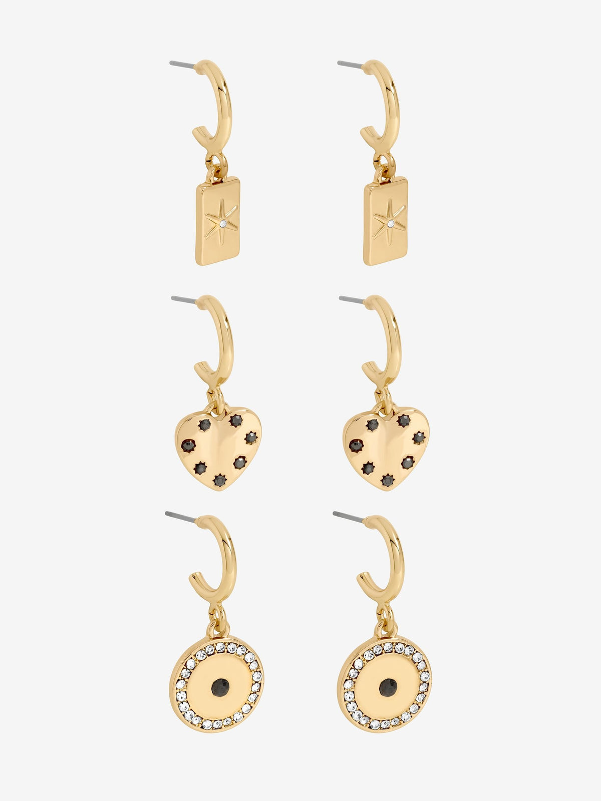 Mood gold tone heart charm earrings pack of 3, UK version