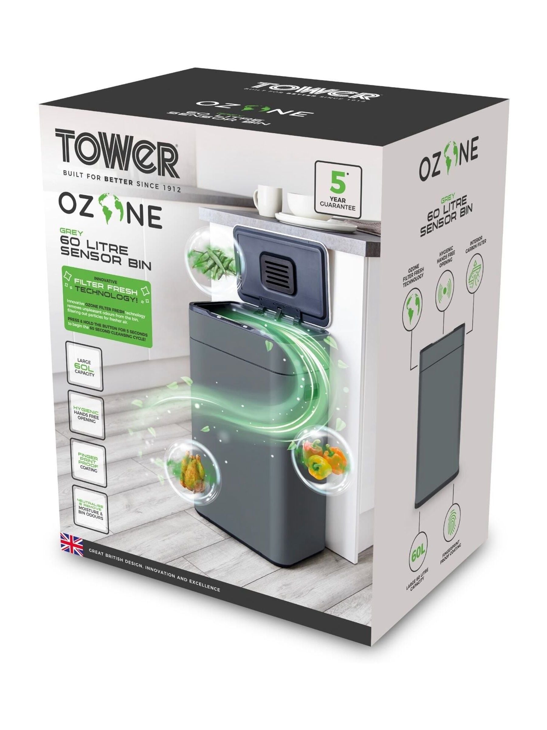Tower grey ozone 60L sensor stainless steel bin (British brand)