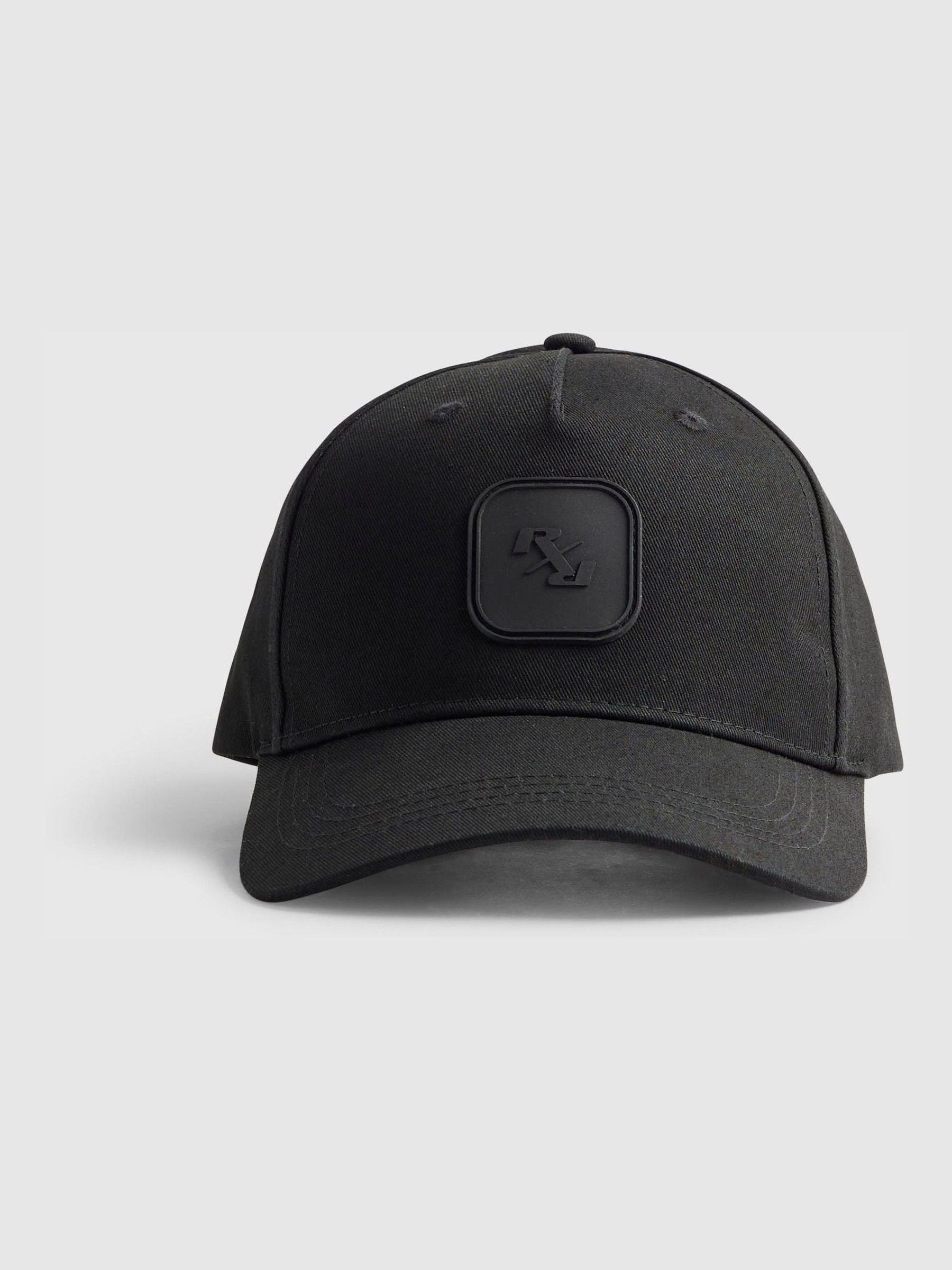 River Island black baseball cap with rubber logo badge, imported from the UK