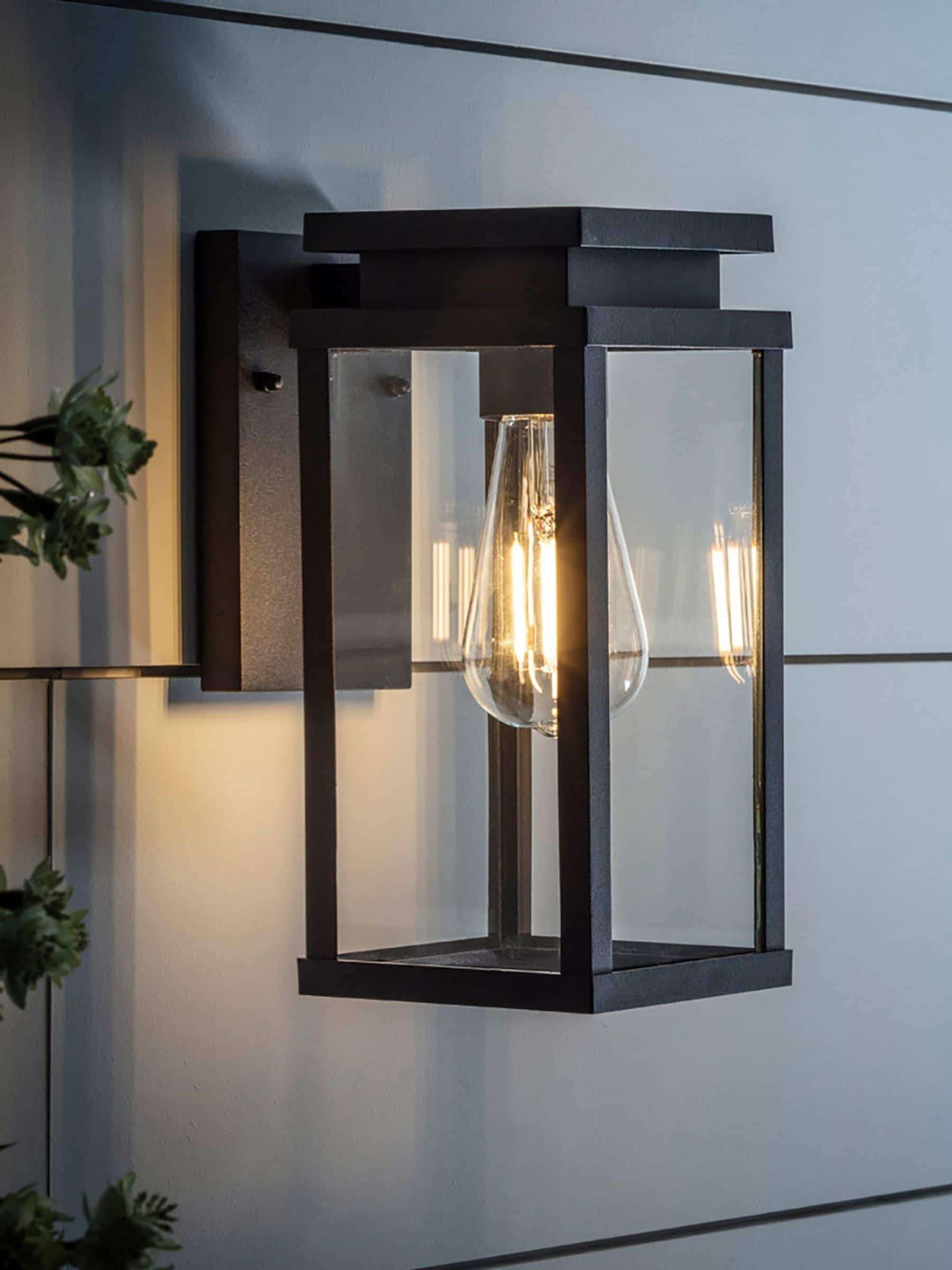 Lights4fun black ebony lantern wall light IP44 - British product