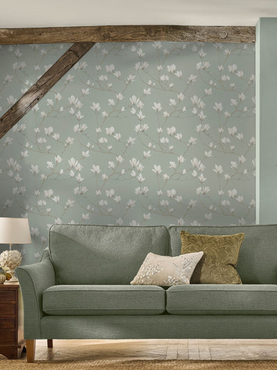 Next Laura Ashley Pale Eau de Nil Magnolia Grove Wallpaper 10m- Buy online at McGrocer