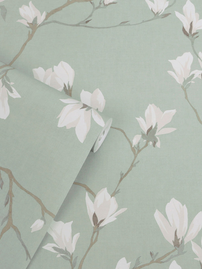 Laura Ashley Magnolia Grove wallpaper pale eau de nil 10m, imported from the UK