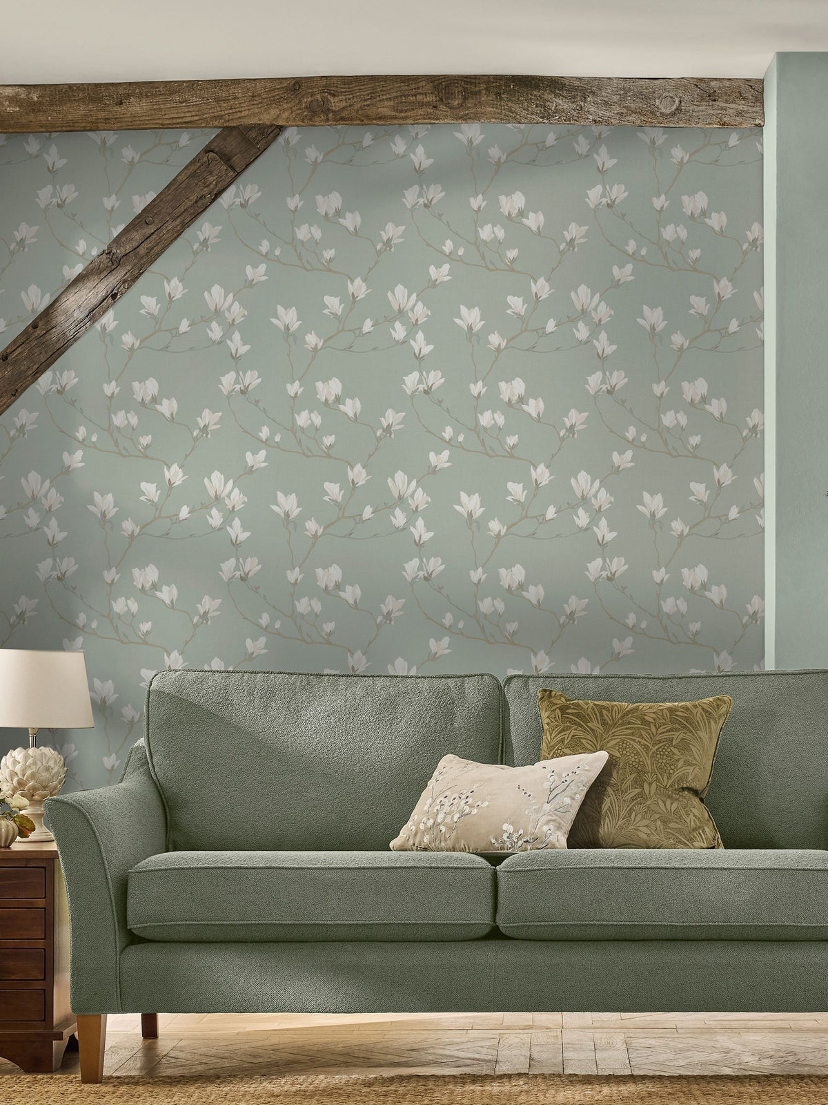 Laura Ashley Magnolia Grove wallpaper pale eau de nil 10m, imported from the UK
