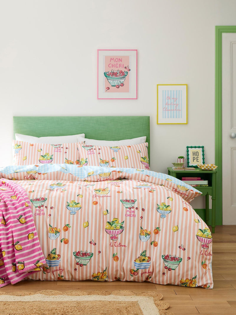 Appletree fleece throw candy-pink stripes lemons, imported from the UK