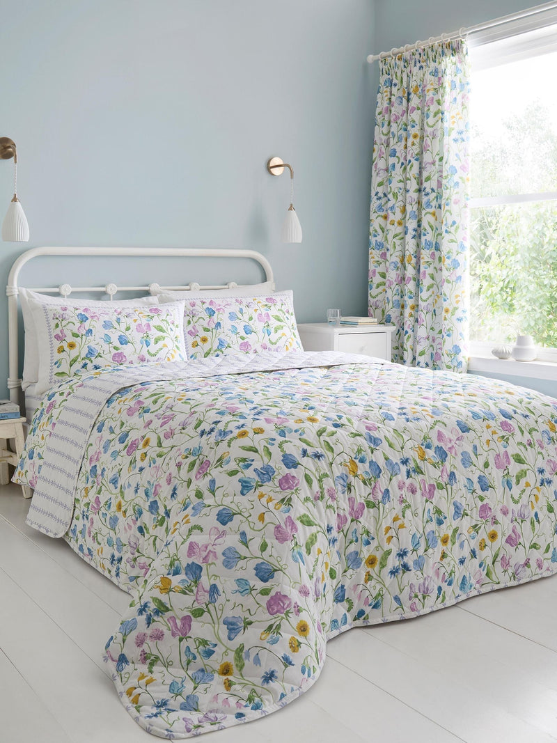 Dreams & Drapes Lilac Sweetpea floral quilted bedspread 200cm (British brand)