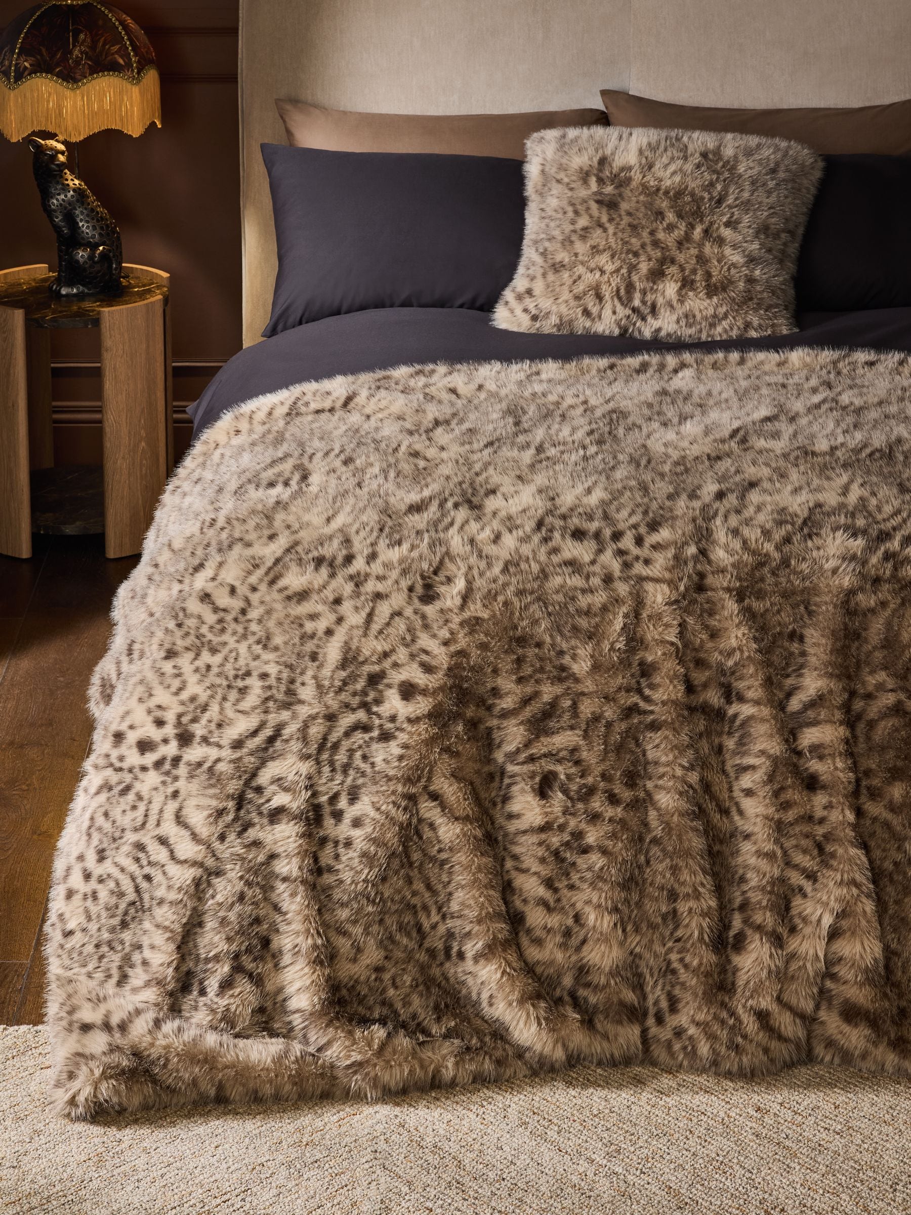 Brown Snow Leopard Print Faux Fur Throw